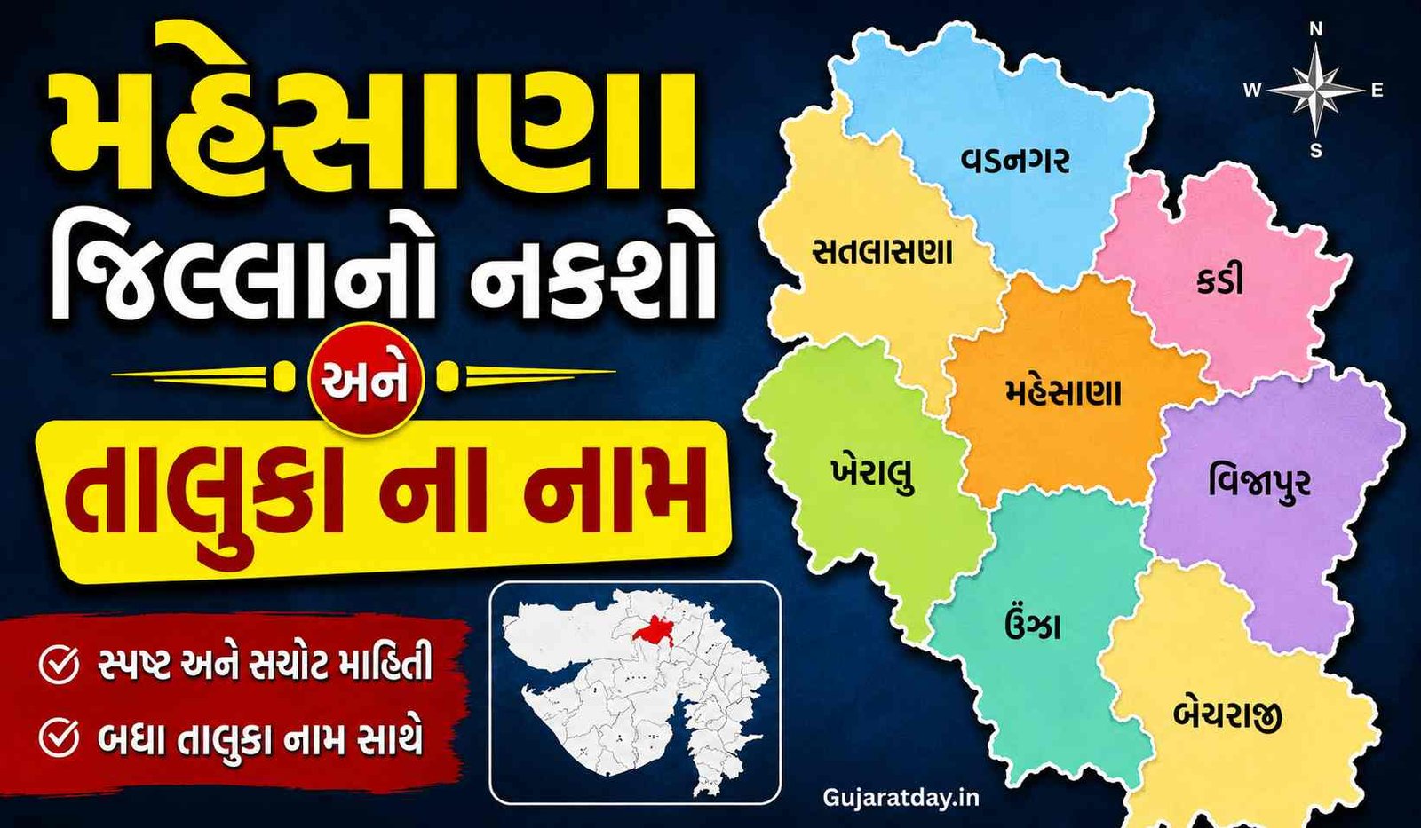 મહેસાણા જિલ્લાનો નકશો અને તાલુકા ના નામ Mahesana District Map And Taluka